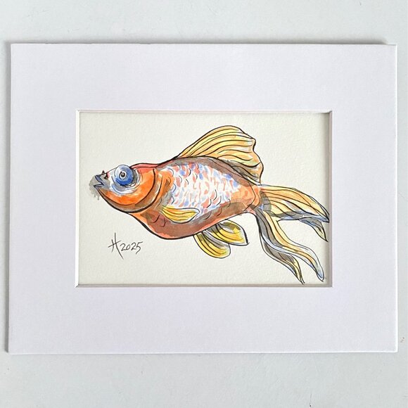 Chunky Goldfish 3 Original Watercolor Wall Art Painting 8x10in Matted FrameReady - Picture 3 of 8